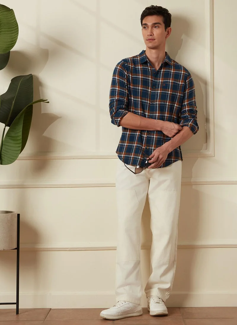 Wrogn Brushed Flannel Check Shirt | Navy Blue